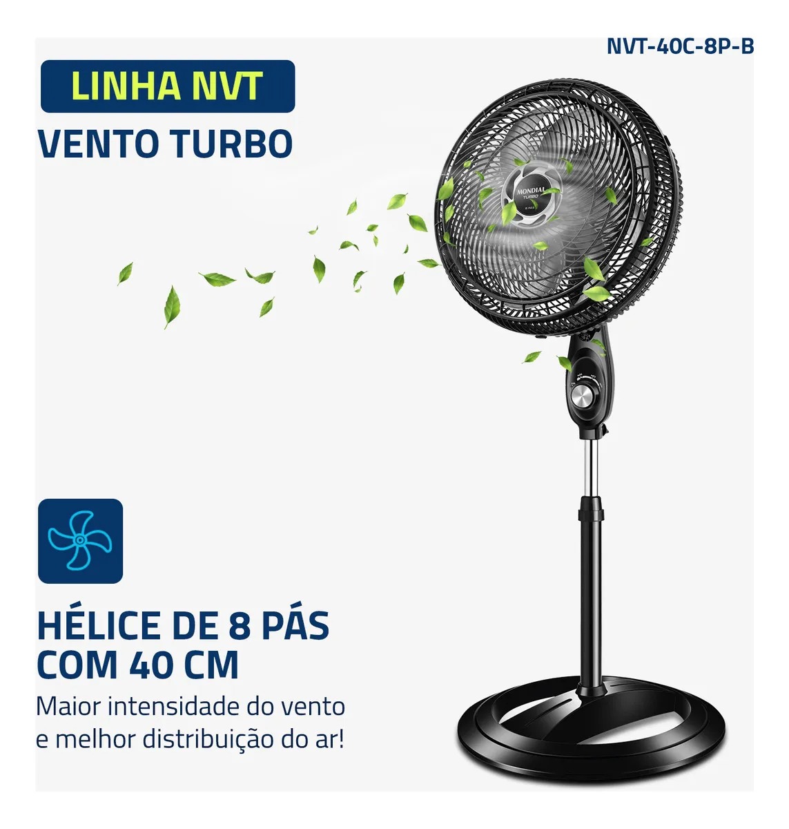 Vento Turbo com hélice de 8 pás e 40cm, coluna ajustável de 1,19 a 1,50 metros